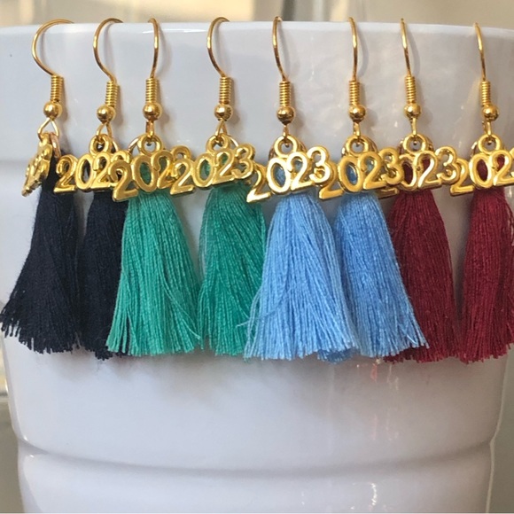 New 2024 Fringe Tassel Graduation Prom Handmade Earrings Dark Teal Green School - Picture 3 of 3